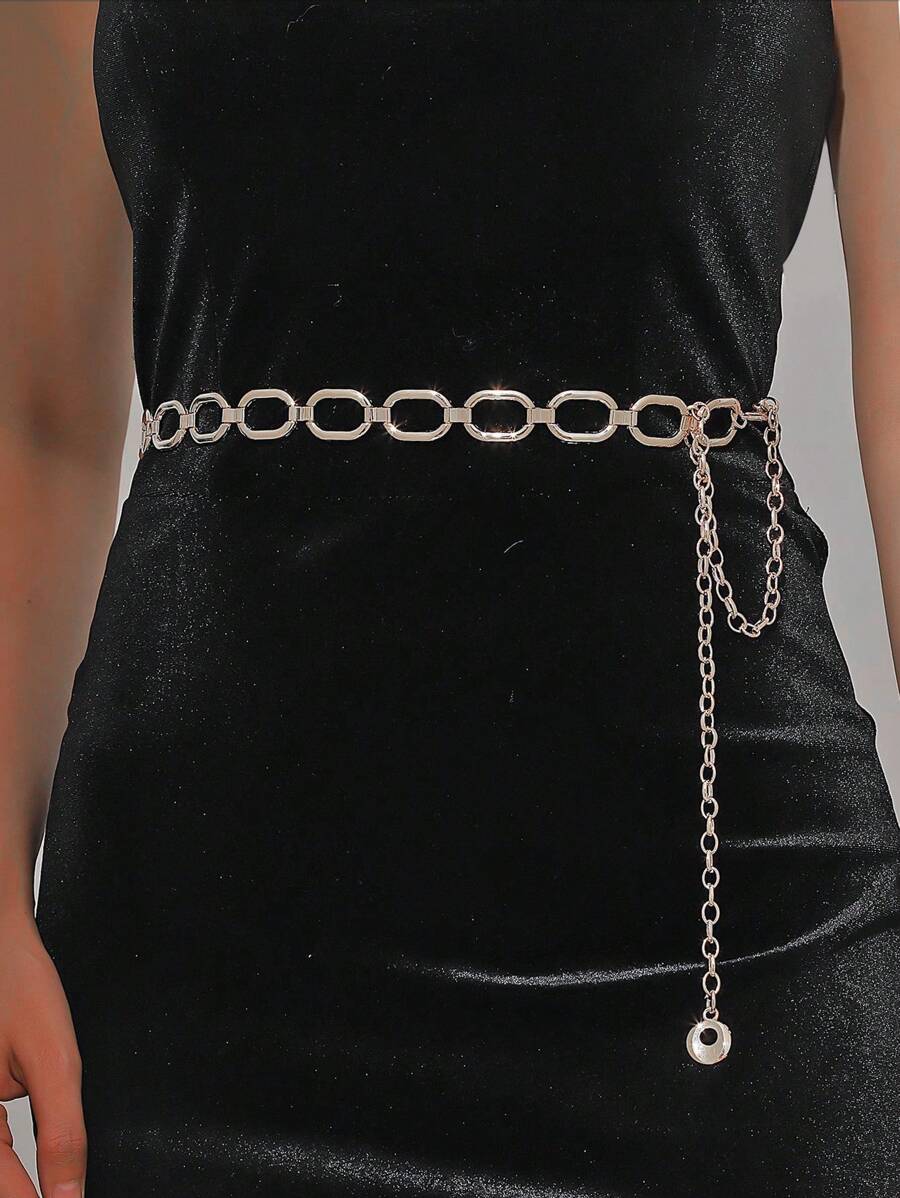 1只女士金屬中空矩形腰鍊,細腰帶 - 銀色 - 查看 1