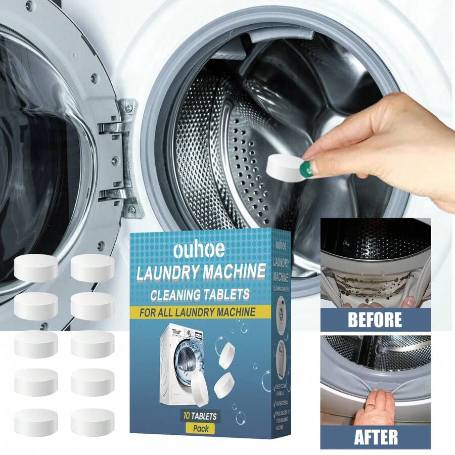 10PACKS Washing Machine Cleaning Tablets, Fully Automatic Washing Machine Tank Cleaning Tablets Wave Wheel Drum Type Cleaning Odor Dirt - White - View 1