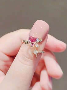 1 件婚礼新娘伴娘戒指，可调节，粉色心形星形人造珍珠和金戒指，适合婚礼、派对、情侣、朋友、日常佩戴复古情人节