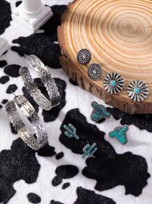 5 Pairs Western  Style Cow Head Cactus Stud Earrings Large Hoops Set for Women - Antique Silver - View 3