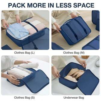 7 pièces/8 pièces Cubes d'emballage de voyage, sacs organisateurs pour vêtements/chaussures/cosmétiques/articles de toilette (beige, bleu, gris, rose)