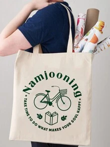 1pc Beige Canvas Tote Bag With Dual English Printed Sides - Beige - View 1