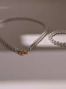 Faux Pearl Necklace Bracelet Set For Men Fashion Jewelry