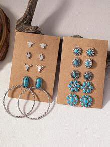 5 Pairs Turquoise Stone Decor Concho Western Stud Earrings Set for Women - flower shape - View 1