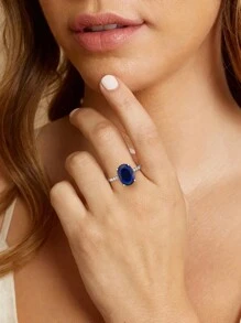 Newsoul 1 件装璀璨椭圆形蓝色戒指 S925 纯银女士珠宝 女士奢华永恒结婚戒指 精美订婚珠宝 - 銀色 - 查看 2