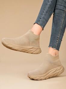 New Arrival Women's Knit Breathable Sneakers, Lightweight Non-Slip Soft Bottom Casual Running Shoes For Couples - Khaki - View 2