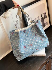 حقيبة يد موضة مصنوعة من قماش النايلون مزينة بطبعات الفراشات، حقيبة كتف ،حقيبة كبيرة السعة للاستخدام اليومي مناسبة للطالبات والنساء العاملات - متعدد الألوان - مشاهدة 1