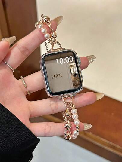 1pc Stainless Steel Pearl Bracelet Band Strap Compatible With IWatch 46mm/38mm/40mm/41mm/42mm/44mm/45mm/49mm, Suitable For Apple Watch S10/9/Ultra/SE/8/7/6/5/4/3/2/1, Mi Band 9Pro/8Pro, Watch Fit 4/3/2/1, Redmi Watch 5/4