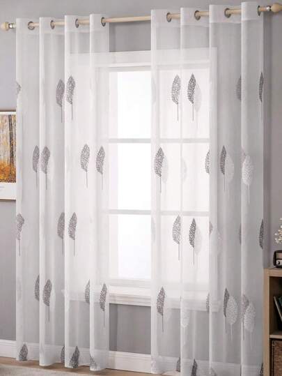 1pc Convenient Hanging Decorative Sheer Curtain With Gray Tree Leaf Jacquard Design, Living Room