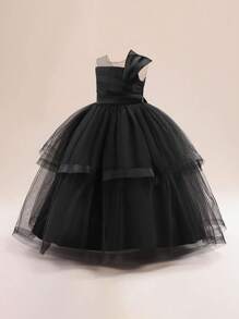 Petal Princesses Tween Girls Solid Satin & Mesh Contrast Elegant Piano Recital Dress For School Performance, Birthday Party