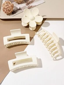 4pcs/Set Classic Matte White Flower Design 11cm & Glossy 8.5cm Square Hair Claws Casual Valentine's Day Valentines,Hair Accessories,Claw Clips,Hair Jaw Clip,Hair Clutch Fall Winter Hair Clip For Vacation Outfits Woman - Multicolor - View 4