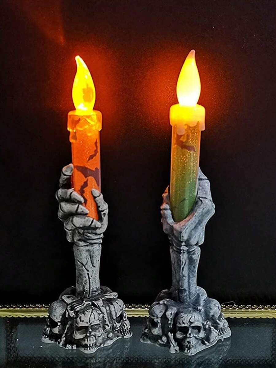 1入組萬聖節骷髏燭臺,led燈骷髏幽靈之手,無火蠟燭燈,派對酒吧裝飾,裝飾按鈕房間電池房裝飾飾品