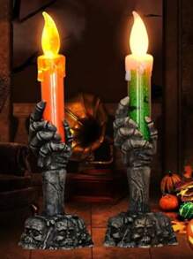 1入組萬聖節骷髏燭臺,led燈骷髏幽靈之手,無火蠟燭燈,派對酒吧裝飾,裝飾按鈕房間電池房裝飾飾品 - 橘色 - 查看 6