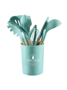 FANOVA Set 12 espatulas utensilios de cocina de silicona con mango de madera - Verde Oscuro - Ver 3