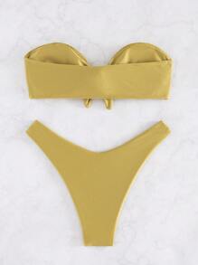 Nuevo llegado Conjunto de bikini de unicolor sexy y de moda para mujer, bandeau sin tirantes con detalle de lazo para el verano