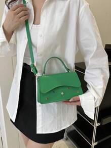 Pu Rhinestone Decorated Solid Color Shoulder Bag With Detachable Strap, Fashionable Square Handbag - Green - View 4