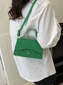 Pu Rhinestone Decorated Solid Color Shoulder Bag With Detachable Strap, Fashionable Square Handbag - Green - View 3
