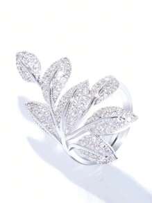 1枚奢华叶形立方氧化锆戒指，女士婚礼订婚派对珠宝，情人节礼物 - 銀色 - 查看 2