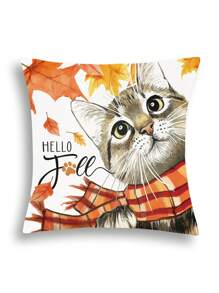 1pc Autumn Thanksgiving Red Maple Leaf Print Scarf Cat Shaped Pillowcase - Maple leaf kitten-1pc - View 1