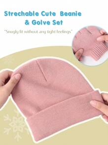 1套兒童粉色保暖針織無指手套和帽子套裝,秋冬季節 - 粉色 - 查看 2