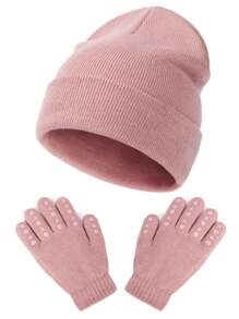 1套兒童粉色保暖針織無指手套和帽子套裝,秋冬季節 - 粉色 - 查看 1