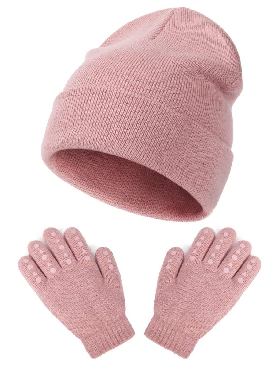1套兒童粉色保暖針織無指手套和帽子套裝,秋冬季節 - 粉色 - 查看 1