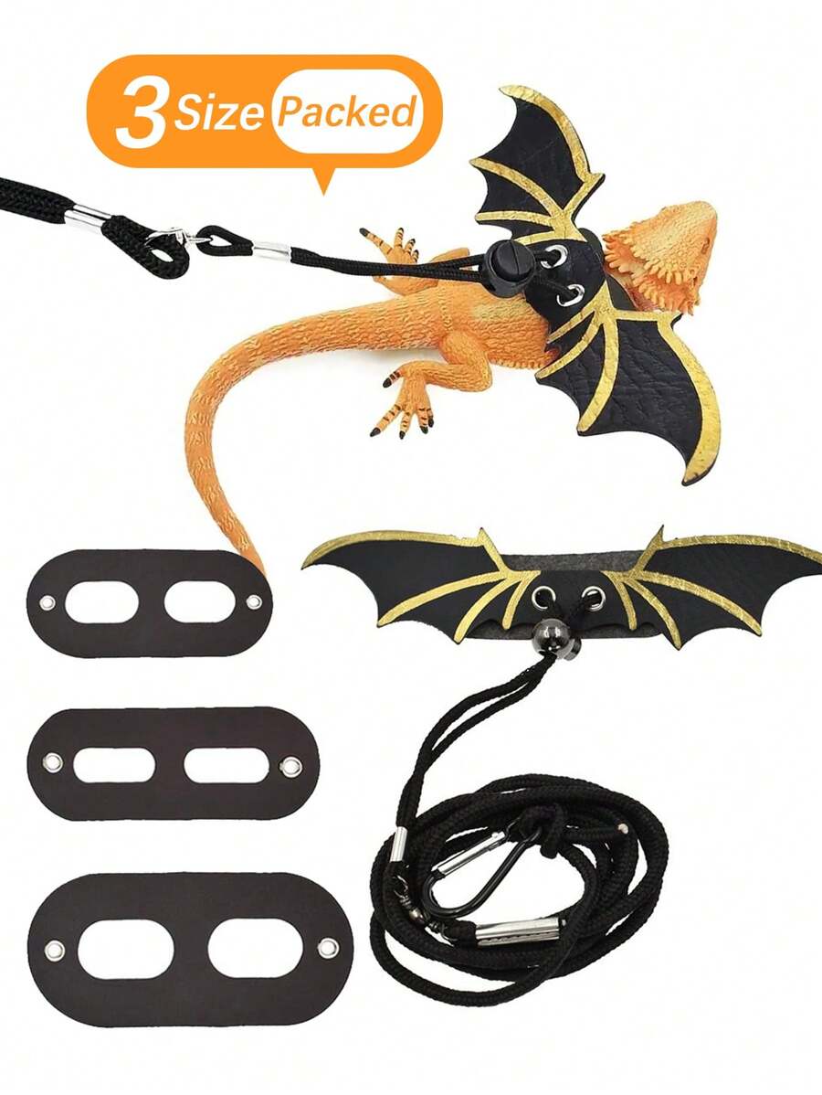 1套革製背帶,配翅膀和胸/背部繩索,適合蜥蜴變色龍的室內外使用 - 金色 - 查看 1