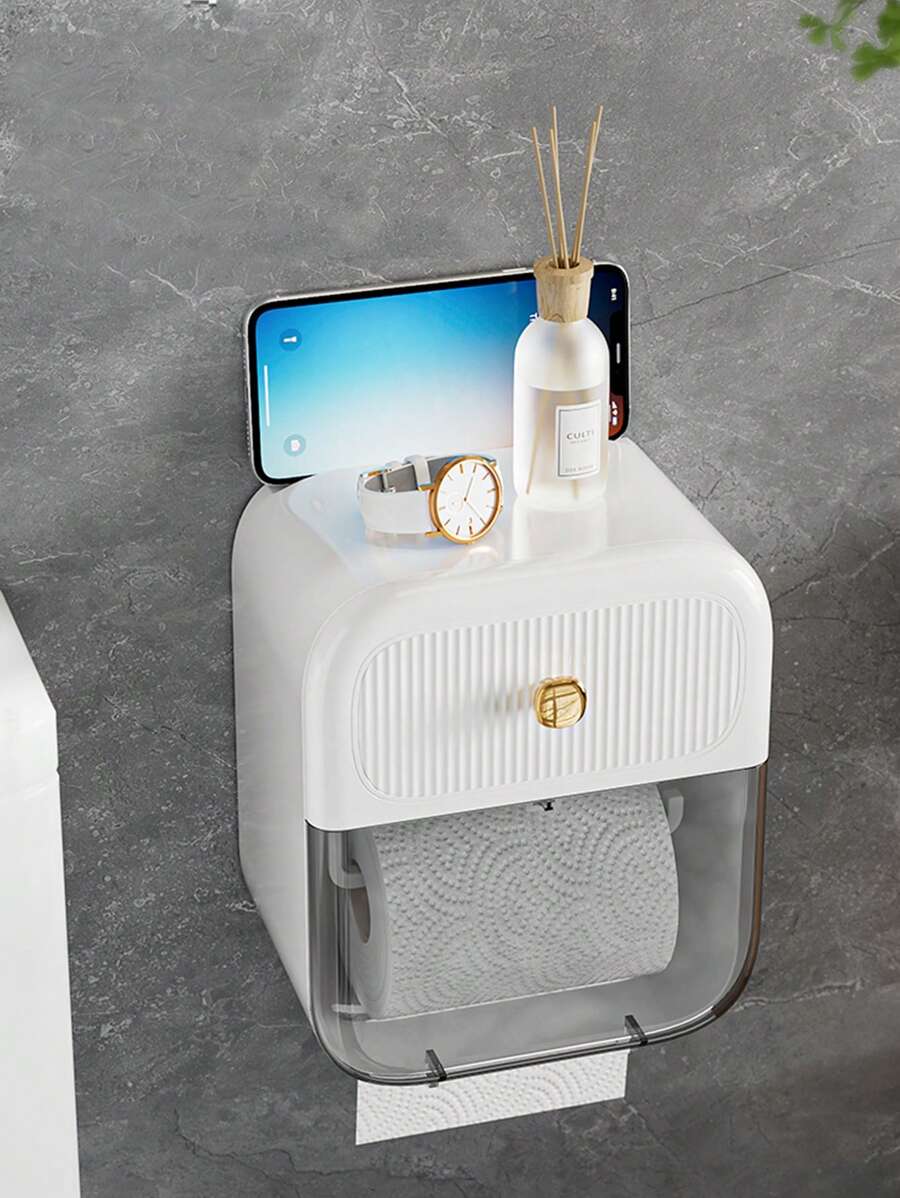 No-drill Toilet Paper Holder Wall Mounted, Waterproof Drawer-type Storage Box, Creative Tissue Rack For Bathroom - Green - View 1