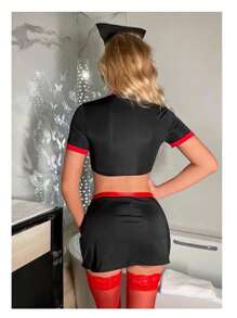 Conjunto de tres piezas de enfermera a la moda, sujetador, falda y chaqueta, encantador Con Media - Negro - Ver 3