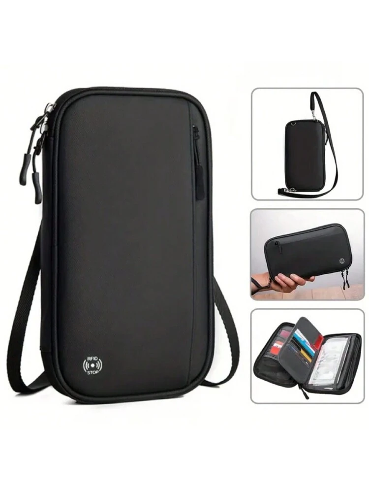 VALUEWIN 1pc Black Polyester Multi-Functional 3-Compartment Zipper Travel Organizer For Flight Tickets, Passport, Cards, Coins, Suitable For Men, Women, Business Trip, Travel, School, Gift Travel Stuff Travel Organiser Travel Items Travel Wallet Passport Holder Passport Wallet Beach Vacation Bag Summer