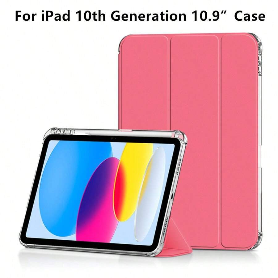 1pc Pink Case Smart Cover Storage With Pen Slot Compatible With iPad 10th Generation 10.9 inch Tablet TPU Soft Shell Leather - Hot Pink - View 1