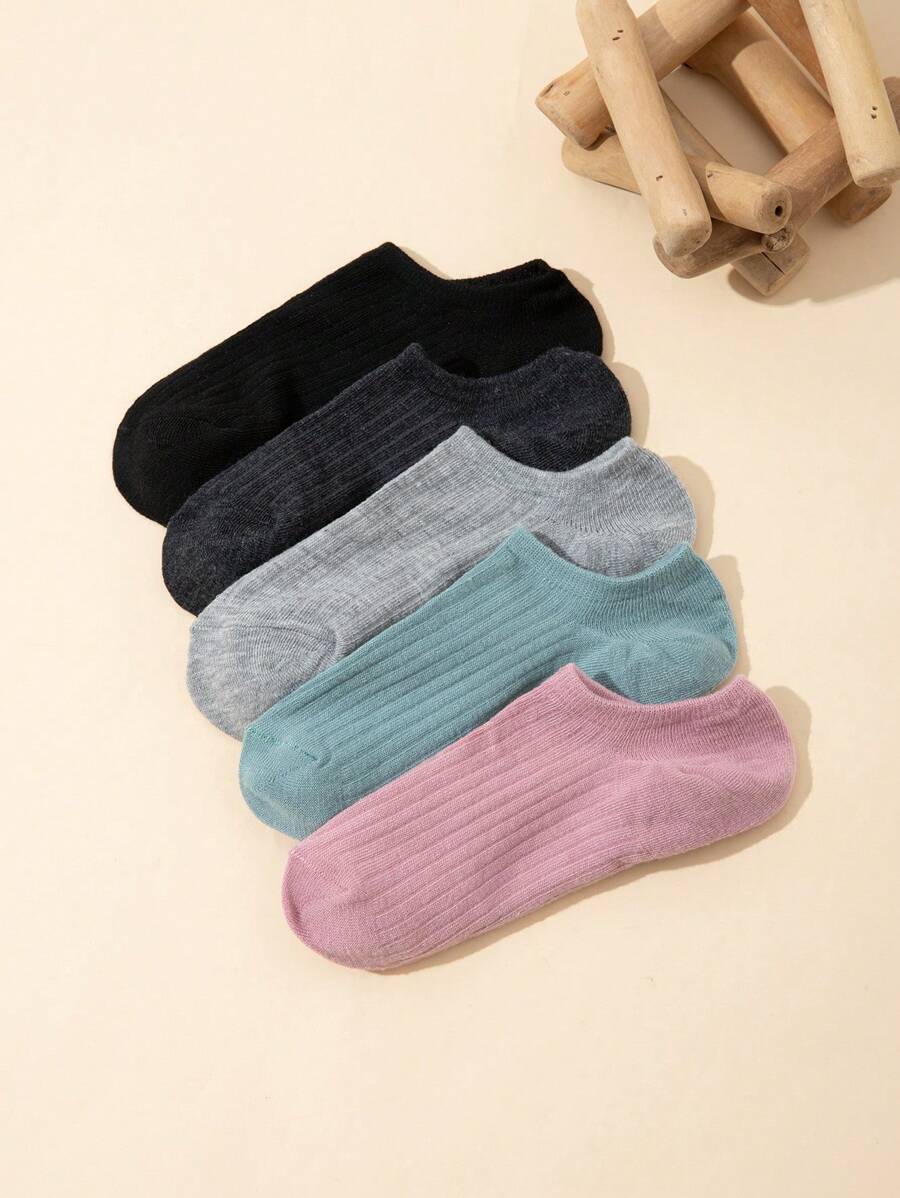5雙休閒透氣純色鬆緊襯邊女士運動短襪 - 彩色 - 查看 1