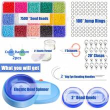 New Electric Diy Beading Machine Beaded Lacing Tool With Reverse & Forward Rotation For Beads & Tassels, 1 Set With 1 Box Of Approximately 7500pcs (2mm) Random 15 Colors Seed Beads, 3 Jewelry Threads, 2 Beading Needles, 2 Random Color Threaders, 1 Random Color Scissor, For Beginners To Make Jewelry - Multicolor - View 2