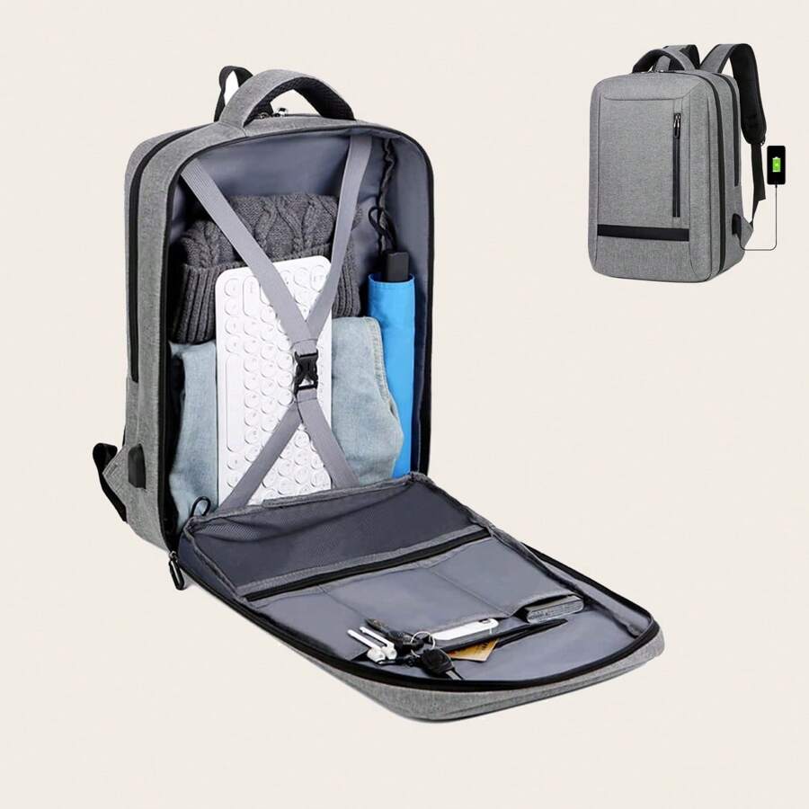 商務筆記型電腦背包，大容量多功能USB充電防水膜背包，男士休閒肩袋，適用於筆記本電腦袋，旅行背包，男士禮物，情人節禮物，公務包，父親節禮物，夏季大學包，父親學校背包 - 灰色 - 查看 1