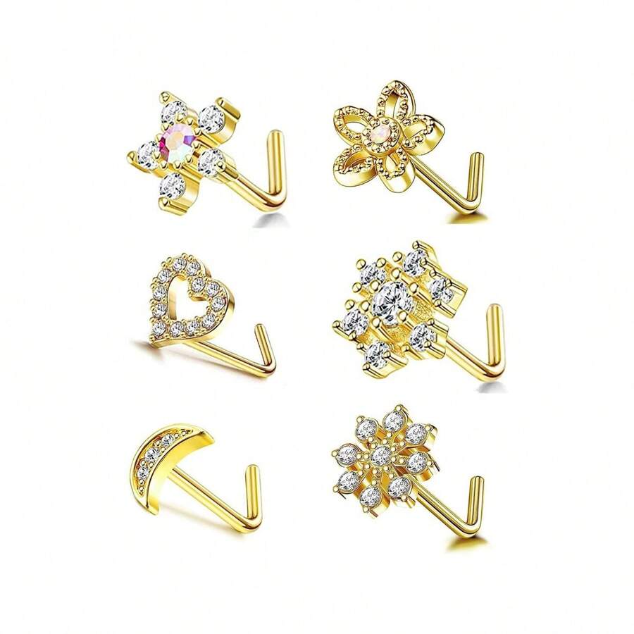6 件裝 20g 女式女孩鼻環,l 型鼻環鼻釘鼻螺絲 316l 不銹鋼鼻穿孔首飾男式女式