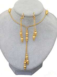 2 件/套時尚啞光和拋光銅珠中長項鍊和耳環套裝,適合女士日常佩戴、派對裝飾 - 金黃色 - 查看 2