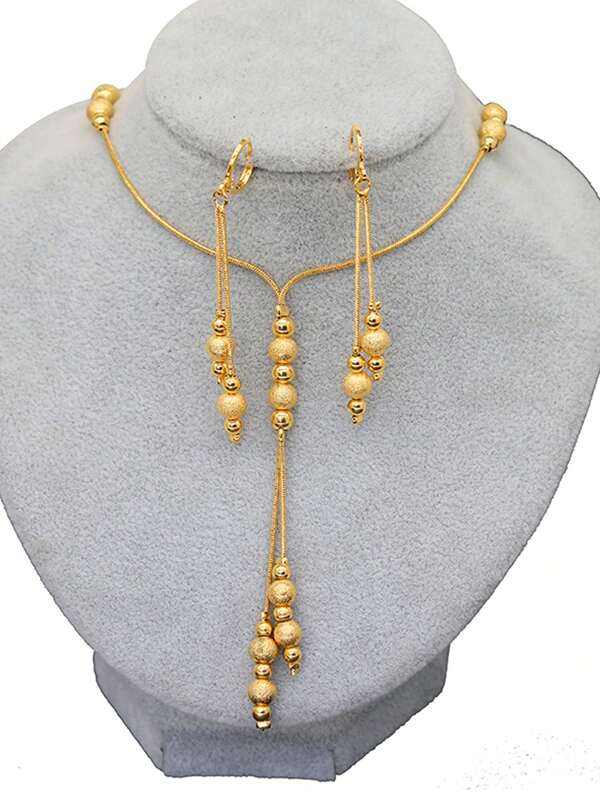 2 Piezas/set Conjunto De Collar Y Aretes Medianos Mate Y Pulido Con Cuentas De Cobre, Adecuado Para Uso Diario Y Decoración De Fiestas Para Mujeres