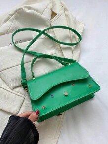 Pu Rhinestone Decorated Solid Color Shoulder Bag With Detachable Strap, Fashionable Square Handbag - Green - View 5