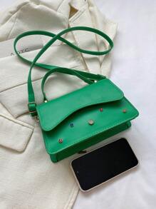 Pu Rhinestone Decorated Solid Color Shoulder Bag With Detachable Strap, Fashionable Square Handbag - Green - View 6