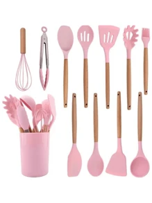 FANOVA Set Of 12 Silicone Kitchen Utensils Spatulas With Wooden Handle - 粉色 - 查看 2