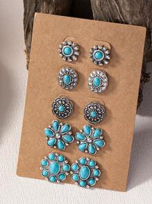 5 Pairs Turquoise Stone Decor Concho Western Stud Earrings Set for Women - flower shape - View 6