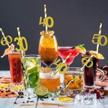 10pcs Paper Straws With 18, 21, 30, 40, 50, 60, 70, 80 Number Design In Gold & Rose Gold Color, Cake Decor For Birthday Party
