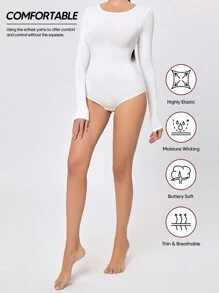 1Pc Women's Long Sleeves Crewneck Smooth Breathable Tummy Control Bodysuit For Wear Outside - White - View 6