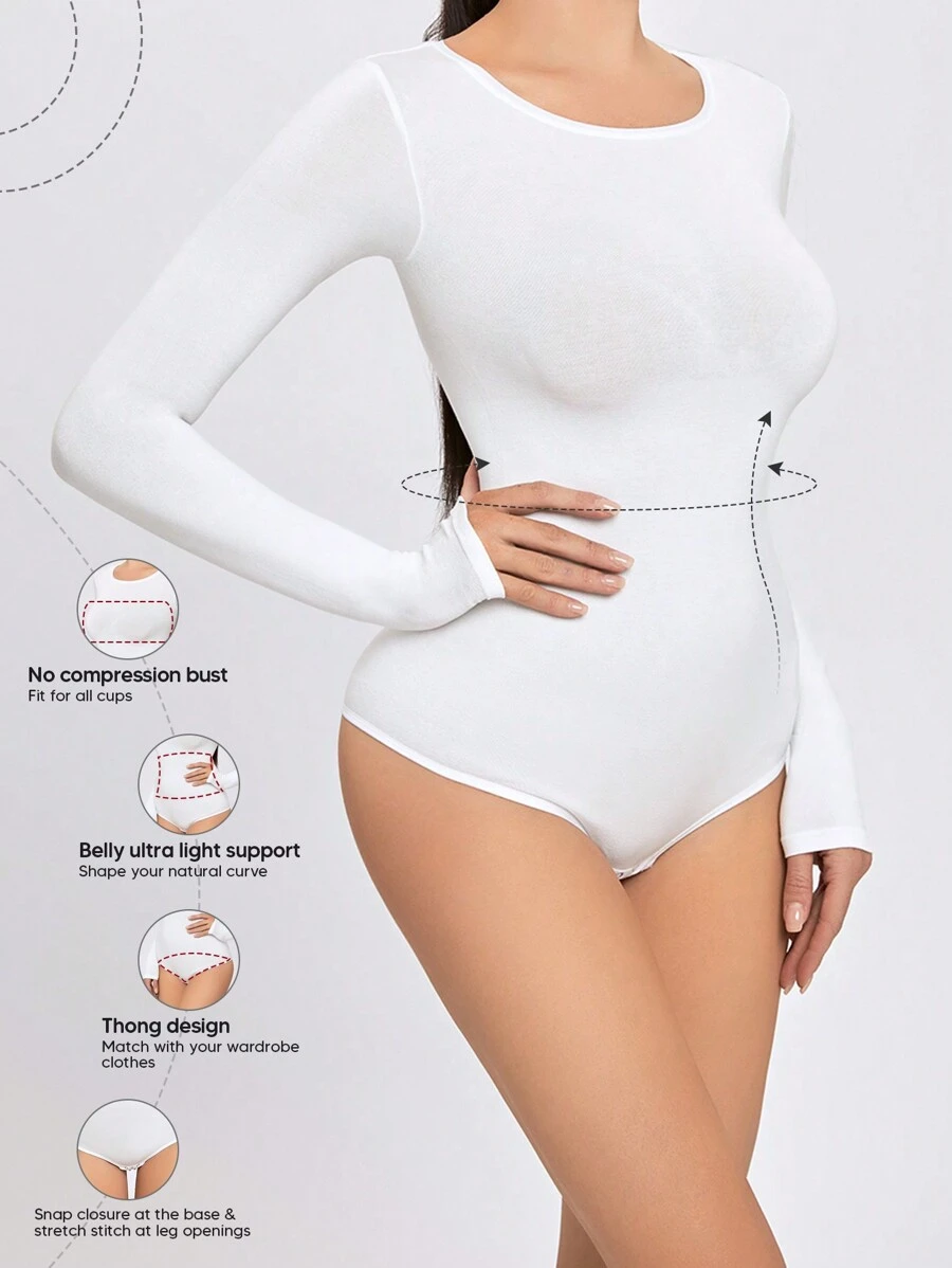 1Pc Women's Long Sleeves Crewneck Smooth Breathable Tummy Control Bodysuit For Wear Outside - White - View 1