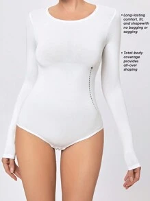 1Pc Women's Long Sleeves Crewneck Smooth Breathable Tummy Control Bodysuit For Wear Outside - White - View 3