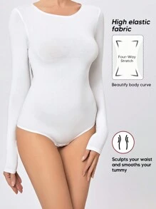 1Pc Women's Long Sleeves Crewneck Smooth Breathable Tummy Control Bodysuit For Wear Outside - White - View 4