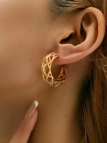 1 paio Orecchini circolari raro creativo in acciaio inossidabile placcato oro 18K mesh a forma di C per donne , adatto per usura quotidiana