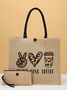 2入組豹紋心形及字母圖案簡約粗麻帆布手提袋，適用於旅行、度假、學生背包、大容量、方便攜帶、經典休閒，適用於青少年女孩、女士、大學生、白領階層，非常適合上班、返校、中學、大學、度假、海灘使用 - 卡其色 - 查看 2