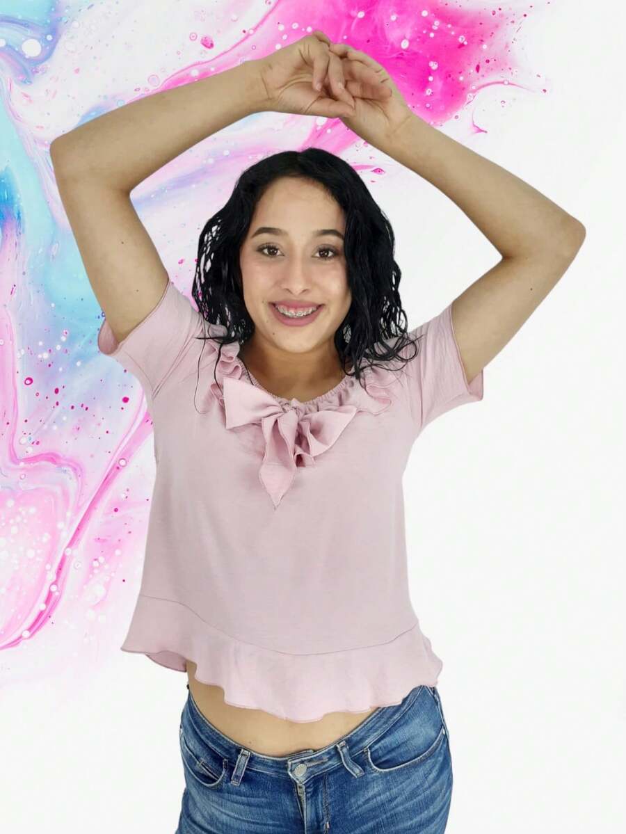 Blusa manga corta con Olanes y moño en escote - Rosa vieja - Ver 1