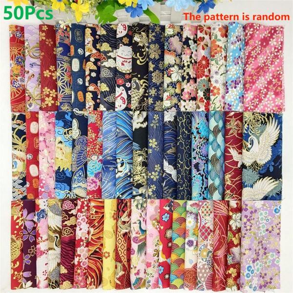 50pcs 15*15cm/5.9*5.9in Japanese-Style Foil-Stamped Fabric Patches For Diy Craft, Doll Clothes, Bed Linings, Etc.